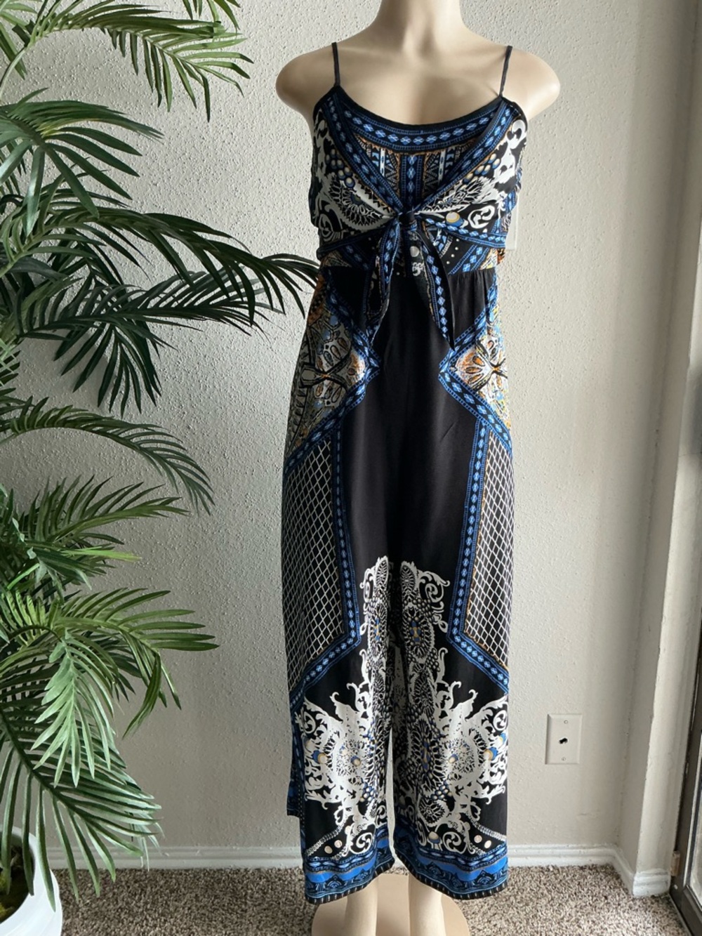 Lively Black Maxi Dress with Blue and White Paisley Print